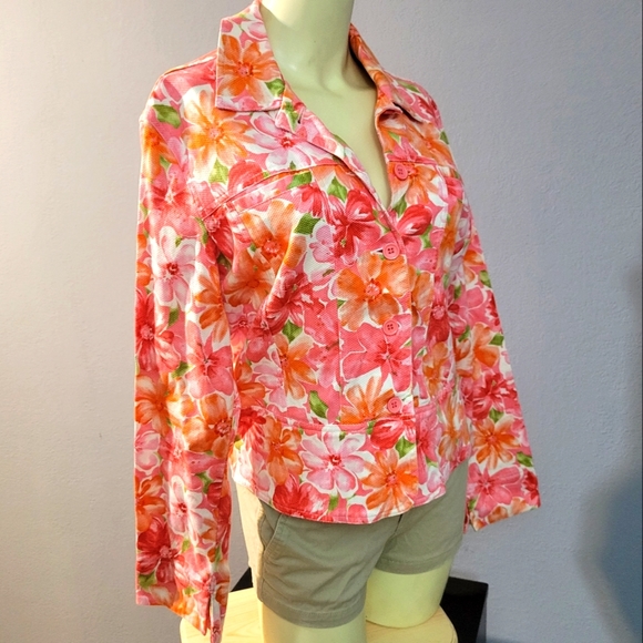 Lemon Grass Floral Pink & Orange Jacket. Button Up. Long Sleeve. - Picture 2 of 4